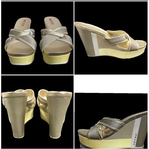 Prada Metallic Gold Leather Mesh Open Toe Slip-on Wedge Sandals - Picture 1 of 9